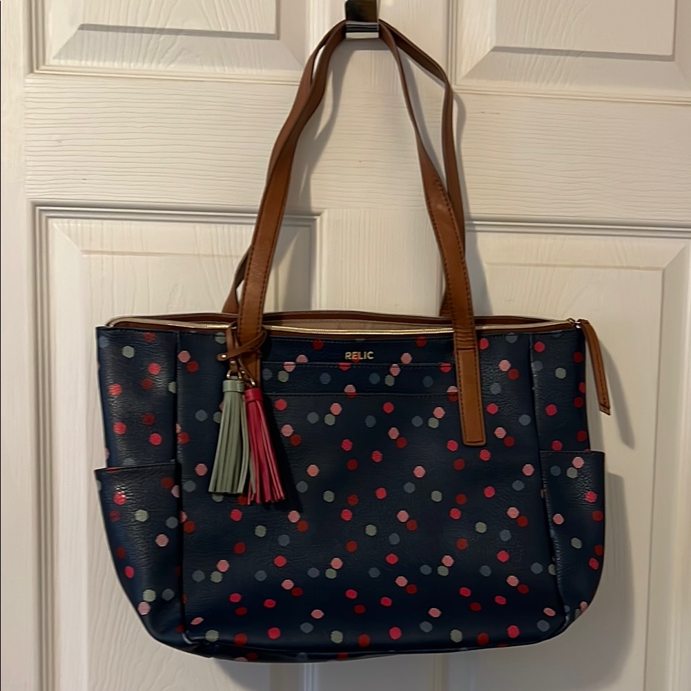 Relic Blue And Brown Tote Bag With Polka Dots